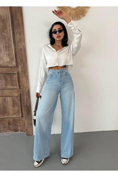 Zeo Basic Women's Baggy Fit High Waist Wide Leg Jeans Light Blue