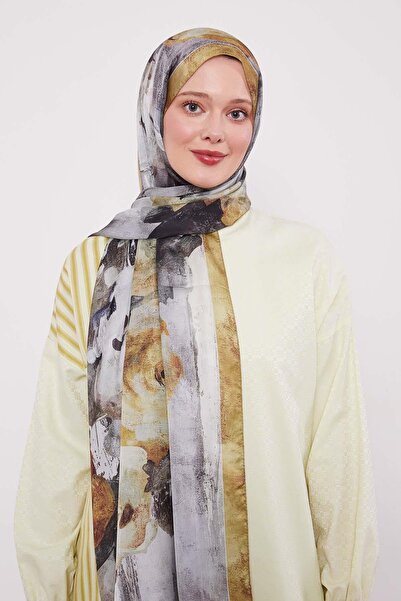 Levidor Λάδι Πράσινο Αφηρημένο Μοτίβο Λουλουδιών Ινδικό Μεταξωτό Σάλι