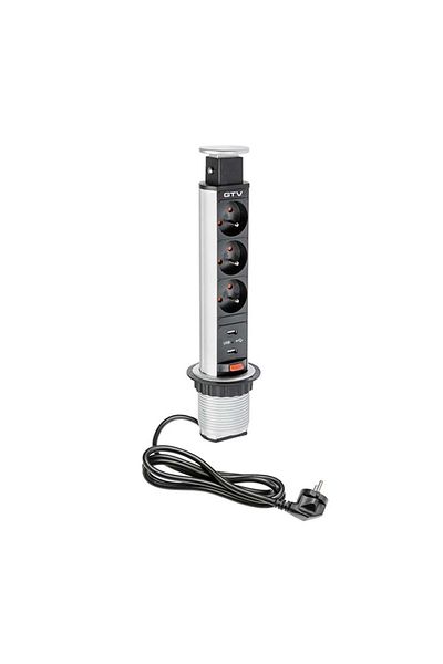 GTV Built-in tower socket, 3 schuko sockets + 2 USB 5V 2.1A, silver + black, 1.5m cable,