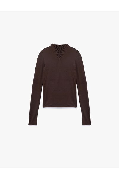 Koton Slim Fit Long Sleeve Drape Detailed Stand Collar T-Shirt
