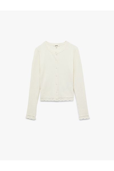 Koton Long Sleeve Viscose Blended Textured Button Crew Neck Knitwear Cardigan