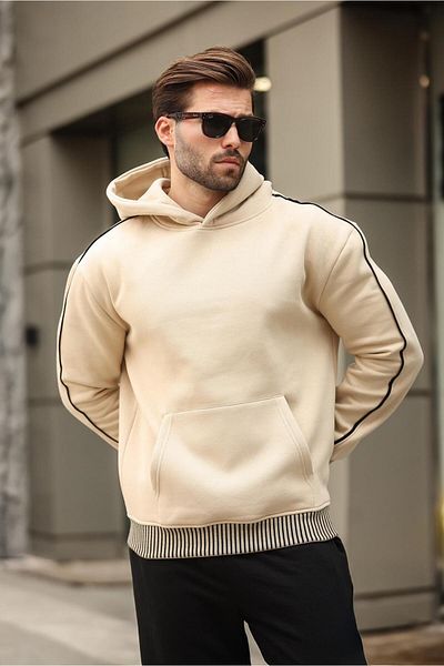 Madmext Beige Hooded Kangaroo Pocket Men's Sweatshirt E7163