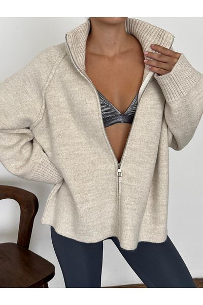 fujya Cardigan Elite Yarn Dazy cu fermoar Stone