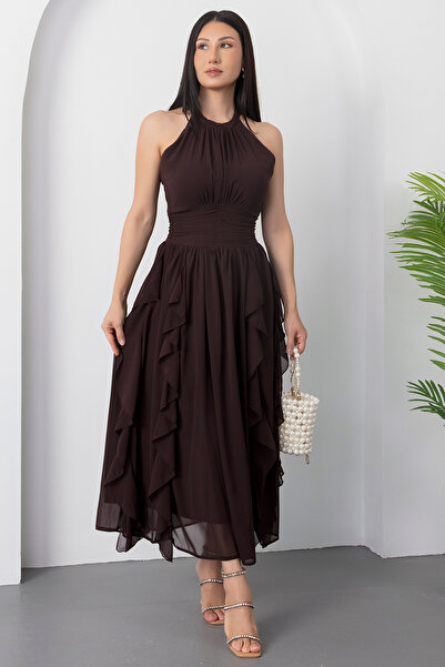 PULLIMM Halter Yaka Fırfırlı Şifon Elbise ELS8561