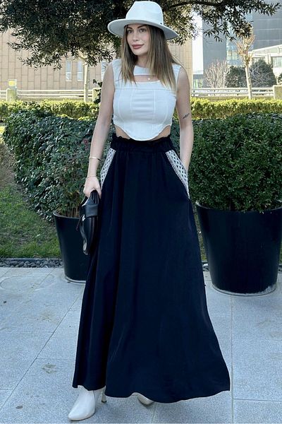 NEW LAVİVA Women's Black Elastic Waist, Pockets Straw Embroidered, Comfortable Fit, Long Kiloş Skirt