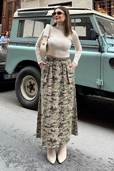 NEW LAVİVA Women's Khaki Elastic Waist, Cargo Pocket, Comfortable, Long Gabardine Flared Skirt