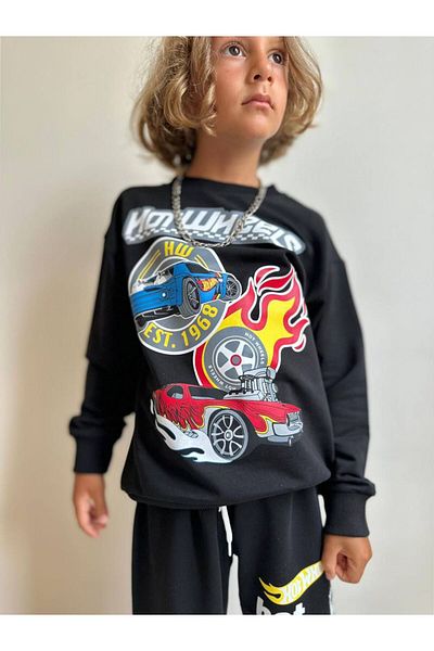 YİGİT BUTİK Car Pattern Long Sleeve Boys Bottom Top Set