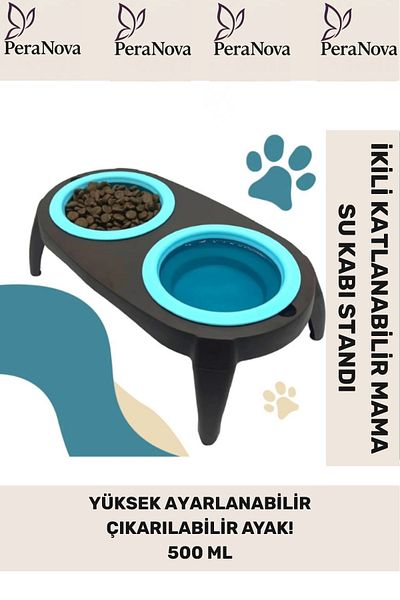 PeraNova Deluxe Adjustable Height Cat Dog Double Foldable Pet Food Water Bowl Stand 500ml