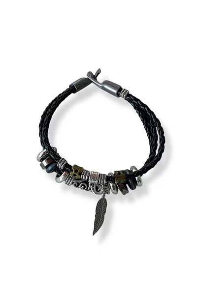 Mutenaura Black leather detailed steel men's bracelet