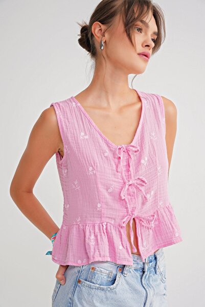 Mixray 4724 Γυναικεία μπλούζα μουσελίνας με λουλουδάτο σχέδιο ροζ