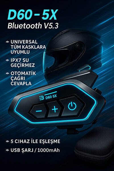 Blic D60-5X Bluetooth v5.3 Motosiklet Interkom Cihazı – IPX7 Su Geçirmez, USB Şarjlı, Universal Uyumlu
