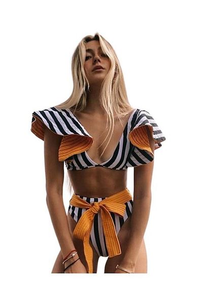 Mixbo Two-Piece Swimsuit Mixbo, Frilled Top, Striped Print, Size S