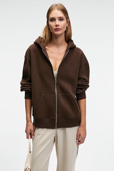 GRIMELANGE Valenya Women's Oversize Hooded Balloon Sleeve Metal Zipper Brown Sweatshirt