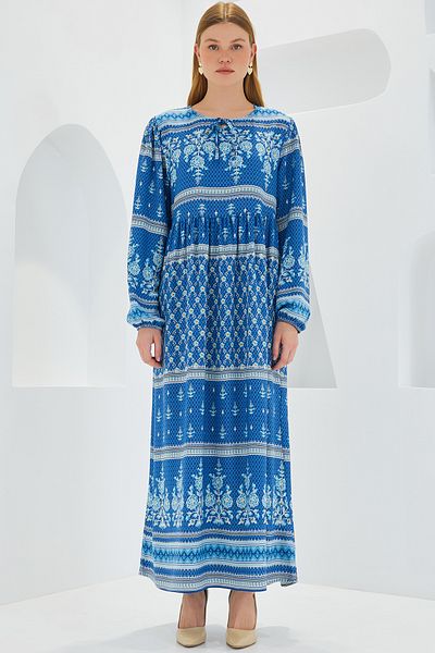 Merterium Women's Patterned Long Dress Blue 1147