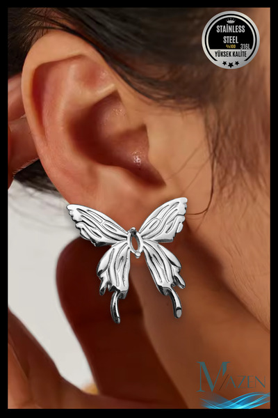 MAZEN Long Wing Butterfly Earrings |   316L Stainless Steel |   Women's Jewelry Accessory (3 cm) Silver Color