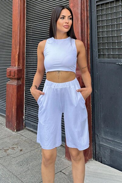 NEW LAVİVA Women's Capri Shorts with White Pockets and Anti-Sweat Fabric - Elastic Waist