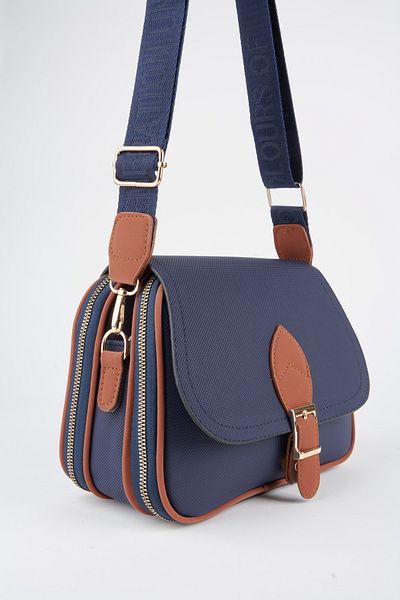 Vivaq Women's Clover Navy Blue Tan 4 Pocket Flap Zipper and Snap Closure Arm and Shoulder Bag