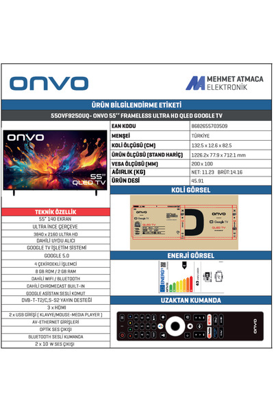 ONVO 55OVF9250UQ 55" 140 Ekran Uydu Alıcılı 4K Ultra HD Google Smart QLED TV
