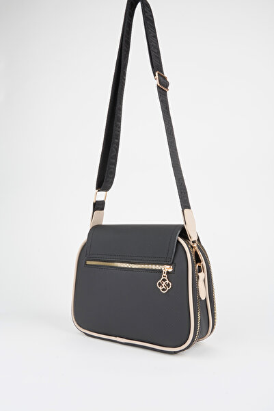 Vivaq Kadın Yonca Siyah Vizon 4 Cepli Kapaklı Fermuar ve Çıt Çıt Kapama Kol Ve Omuz Çantası