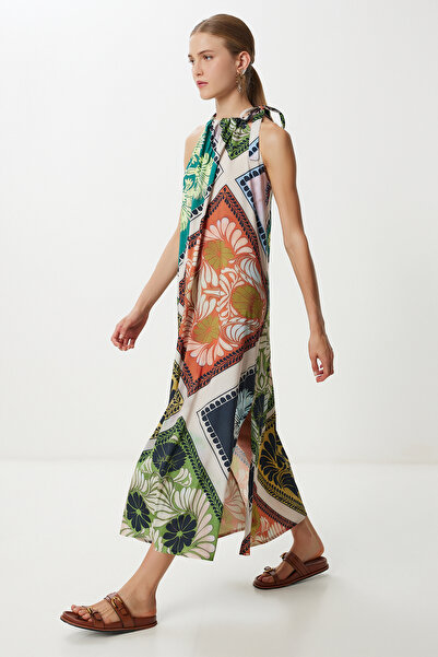 Lovelyİstanbul Καλοκαιρινό υφαντό φόρεμα με μοτίβο με σχισμή LFH0007 GREEN OR...