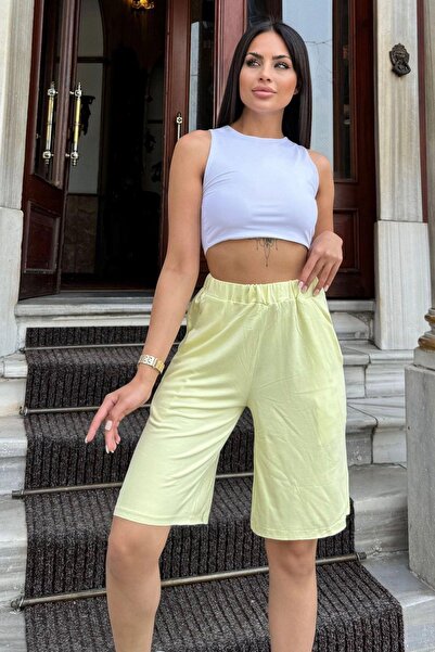 NEW LAVİVA Yellow Pocket Elastic Waist Women's Capri Shorts - Anti-Sweat Fabric