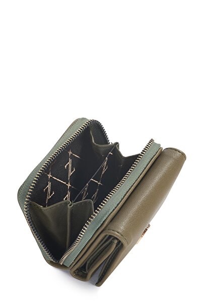 Zühre Khaki Mini Wallet with Snap Fastener and Zipper Detail Zc026