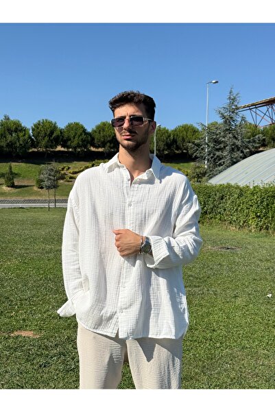 BELVIA Oversize Yırtmaçlı Müslin Gömlek