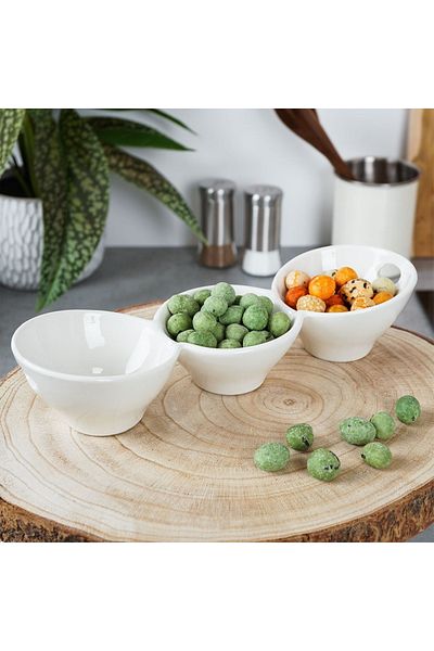 shumee 27cm White Porcelain Triple Snack Bowls