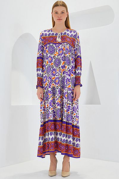 Merterium Women's Patterned Long Dress Purple Tile 1147
