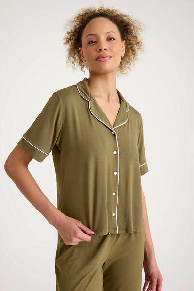 Dennis Denise Cotton Pink White Piping Buttoned Women's Pajama Set