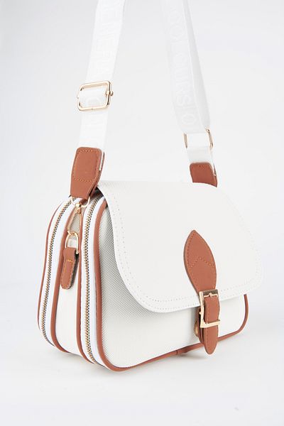 Vivaq Women's Clover White Tan 4 Pocket Flap Zipper and Snap Closure Arm and Shoulder Bag