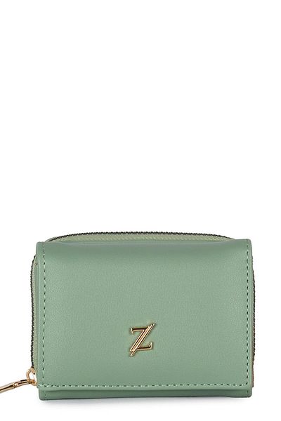 Zühre Water Green Mini Wallet with Snap Fastener and Zipper Detail Zc026