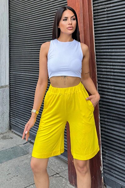 NEW LAVİVA Women's Yellow Capri Shorts - Double Leg, Anti-Sweat, Pocket and Loose