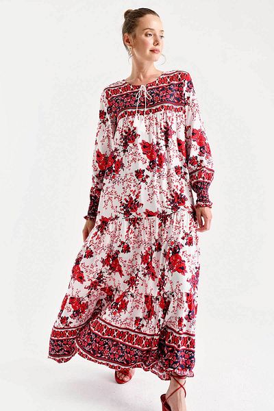 Merterium Women's Patterned Long Dress Red 1147