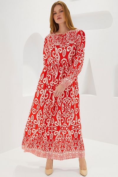 Merterium Women's Patterned Long Dress Red 1147