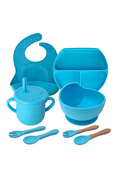 HAWIRE Set 8 piese hranire si diversificare bebelusi HAWIRE, silicon, 1 baveta, 1 farfurie compartimentata