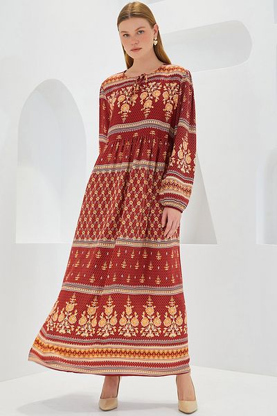Merterium Women's Patterned Long Dress Tile Beige 1147