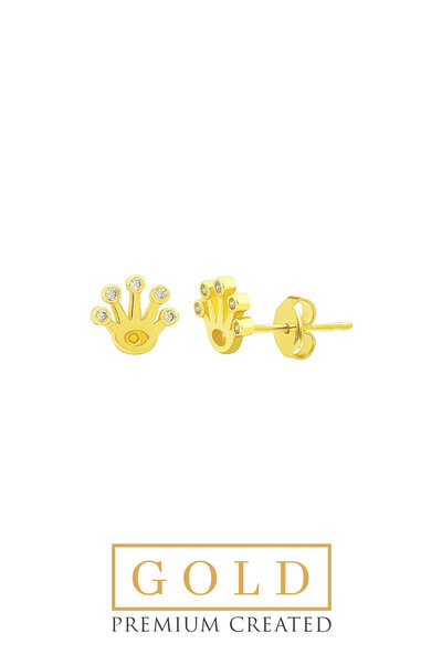 So CHIC... 14 Ayar Sarı Altın Sertifikalı Premium Created Taşlı Minimal Taç Küpe