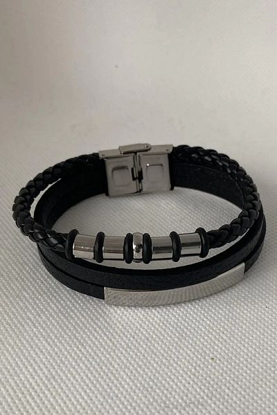 Mutenaura Black leather detailed steel men's bracelet