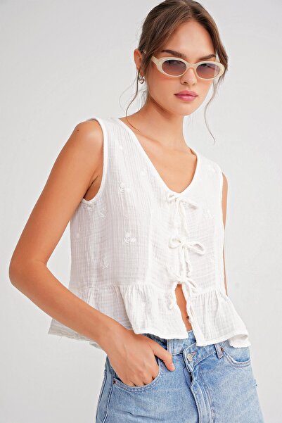 Mixray 4724 Women's Floral Patterned Tie-Up Muslin Blouse Ecru