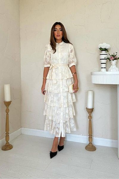 Castivo Fashion Layered Flounce Belted Shirt Collar Maxi Dress