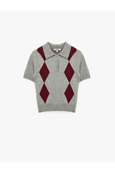 Koton Buttoned Diamond Patterned Short Sleeve Knitwear Polo Neck Sweater