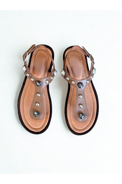 NE&VE SHOES Γυναικεία σανδάλια σαγιονάρα από γνήσιο δέρμα Tan με πέτρες