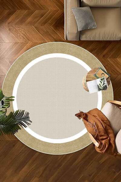Decomia Home Dijital Kaymaz Yıkanabilir Jüt Sisal Görünümlü Yuvarlak Salon Ha...