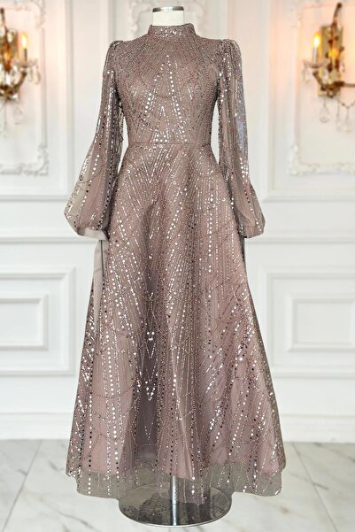 Amine Hüma Karina Abiye Elbise Vizon