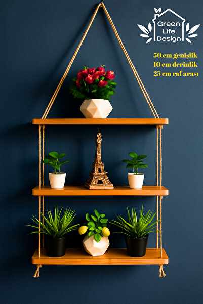 Green Life Design Bambu Bahçe Rafı Üç Katlı Jüt Halatlı Duvar Rafı Çiçeklik Sukulent Rafı Hediyelik Raf