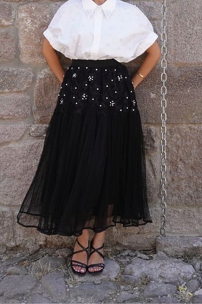 Suzi Pearl Embroidered Design Tulle Skirt M38997