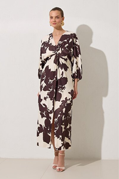 Setre Φόρεμα με μοτίβο με λεπτομέρεια σε εκρού-καφέ γιακά