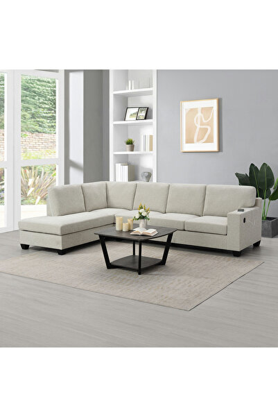 Home Box أريكة سيمبسون القماشية ذات الأربعة مقاعد في الزاوية اليسرى مع منفذ USB