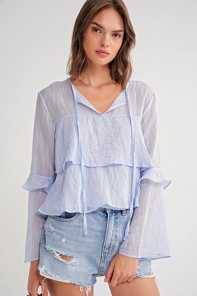 Mixray 4735 Women's Long Sleeve Ruffle Tie Blouse Baby Blue